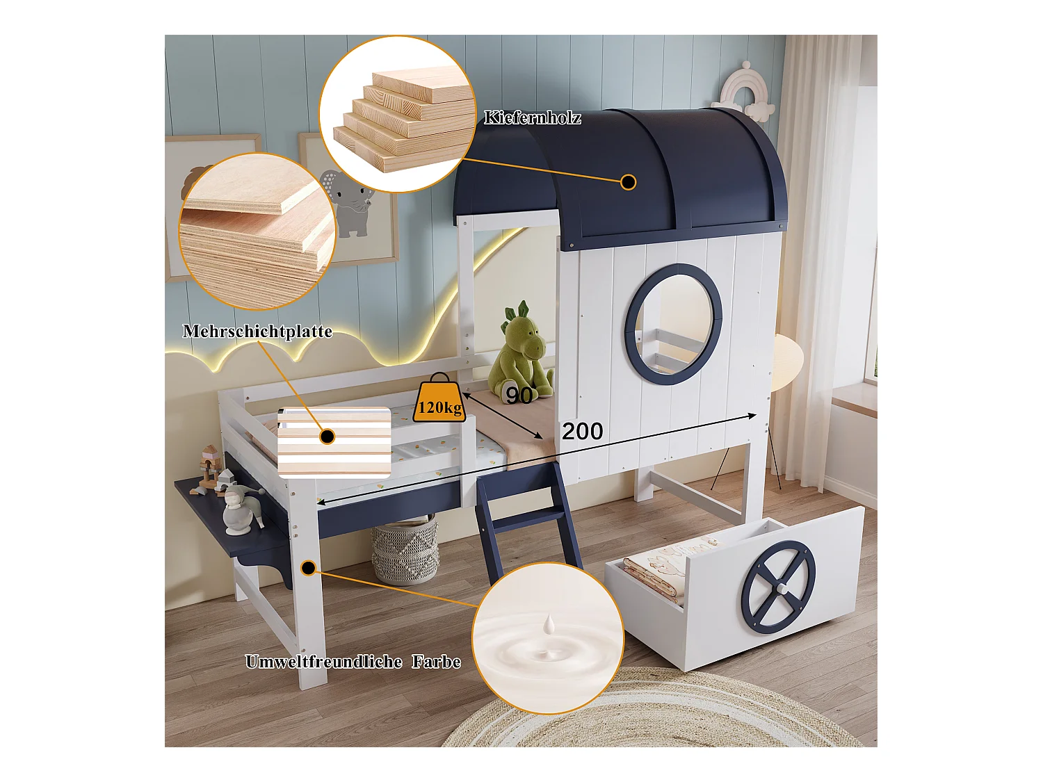 Lit mi-hauteur enfant - 90 x 200 cm - avec toit et fenêtre + 1 tiroir à roulettes - pin + MDF - blanc + bleu