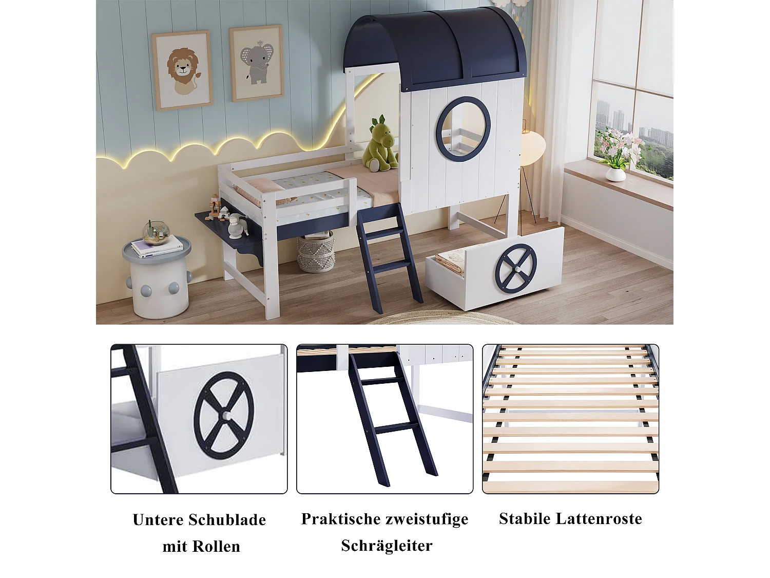 Lit mi-hauteur enfant - 90 x 200 cm - avec toit et fenêtre + 1 tiroir à roulettes - pin + MDF - blanc + bleu