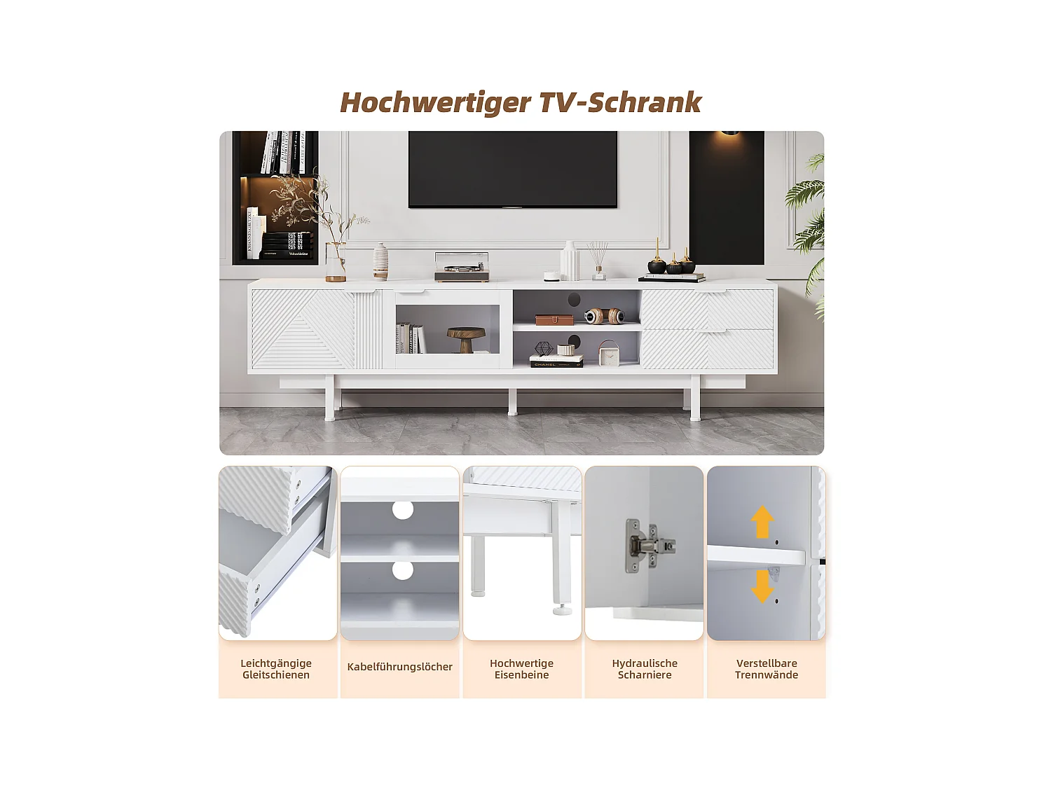 Meuble TV moderne - 200 x 40 x 50.5 cm - avec 2 portes + 2 tiroirs - pour TV 80 pouces - aggloméré - blanc