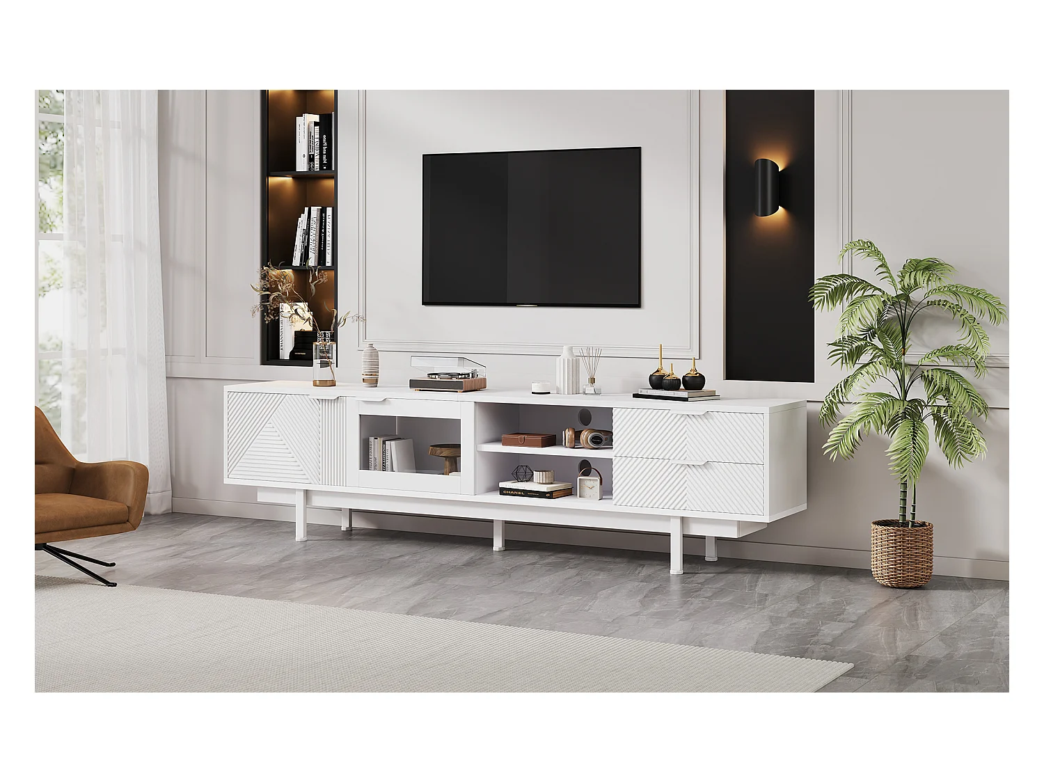 Meuble TV moderne - 200 x 40 x 50.5 cm - avec 2 portes + 2 tiroirs - pour TV 80 pouces - aggloméré - blanc