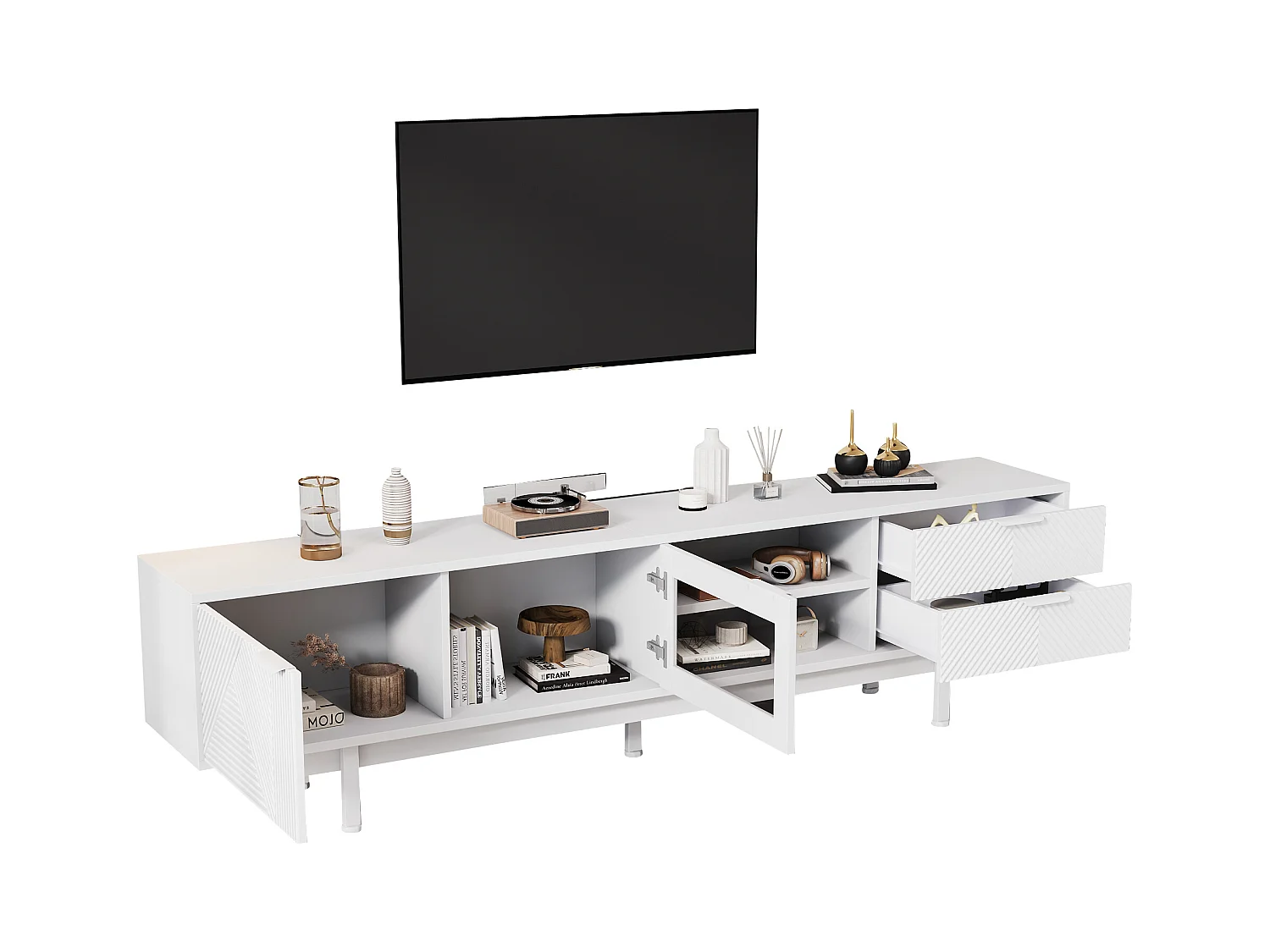 Meuble TV moderne - 200 x 40 x 50.5 cm - avec 2 portes + 2 tiroirs - pour TV 80 pouces - aggloméré - blanc