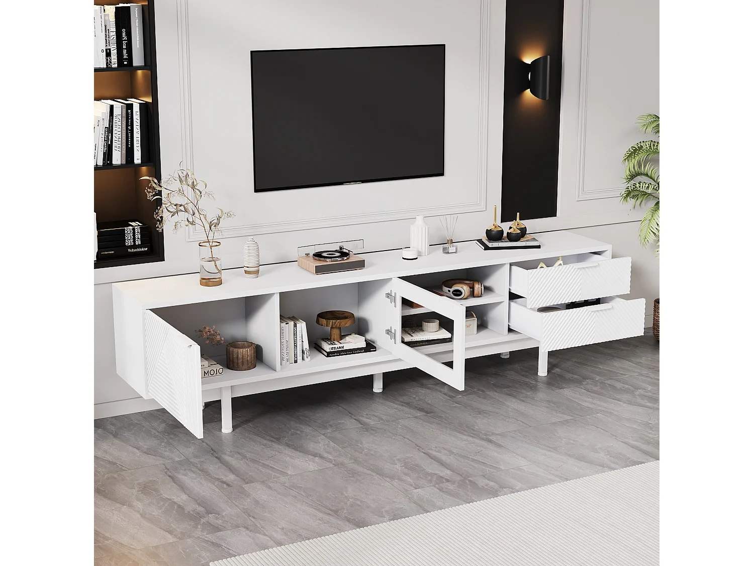 Moderne tv-kast - 200 x 40 x 50,5 cm - met 2 deuren + 2 laden - voor 80 inch tv - spaanplaat - wit