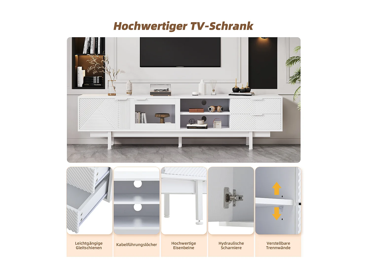 Moderne tv-kast - 200 x 40 x 50,5 cm - met 2 deuren + 2 laden - voor 80 inch tv - spaanplaat - wit