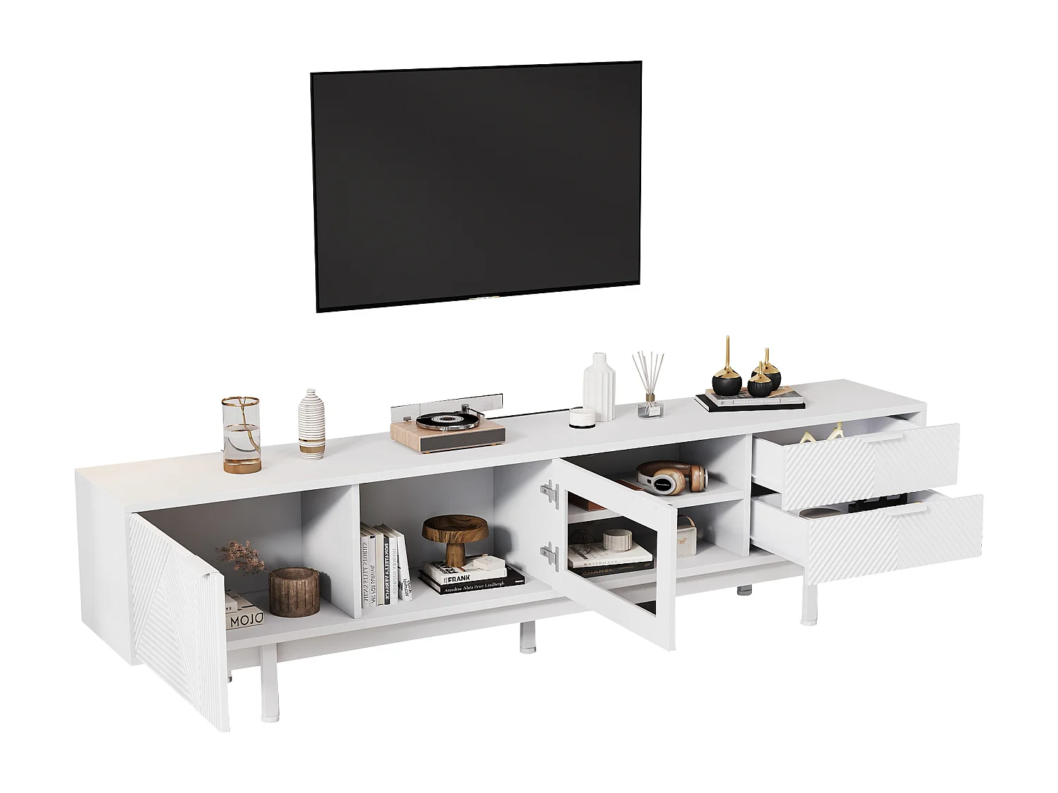 Moderne tv-kast - 200 x 40 x 50,5 cm - met 2 deuren + 2 laden - voor 80 inch tv - spaanplaat - wit