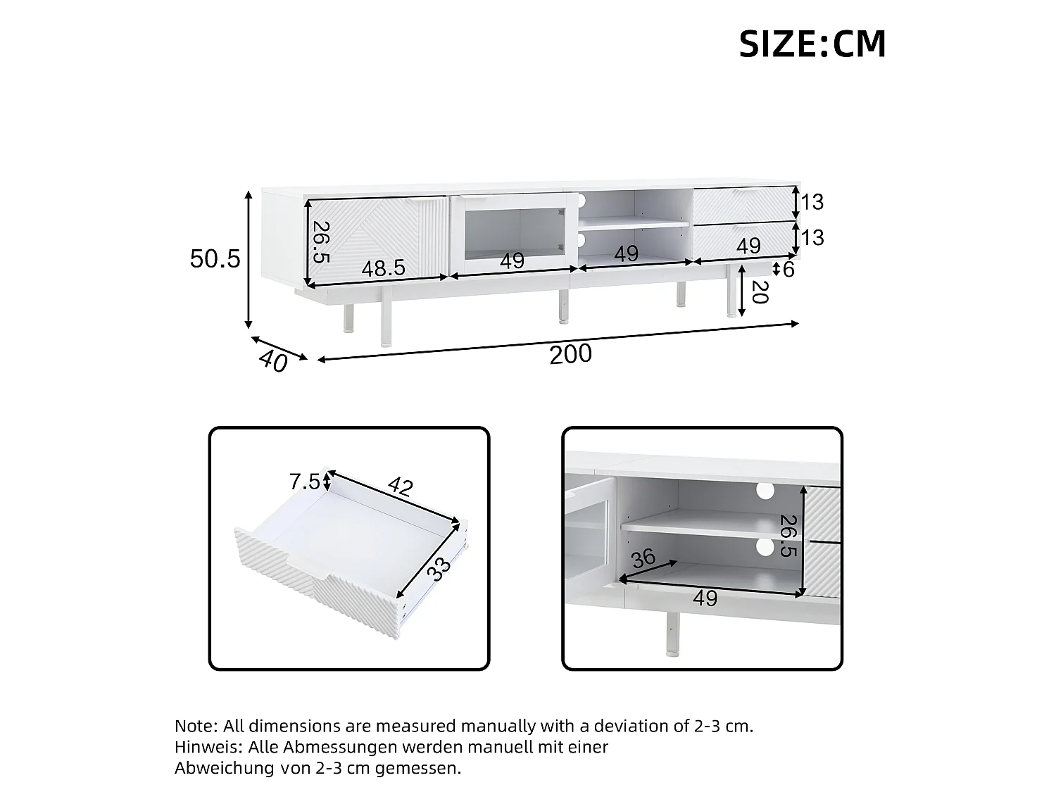 Meuble TV moderne - 200 x 40 x 50.5 cm - avec 2 portes + 2 tiroirs - pour TV 80 pouces - aggloméré - blanc