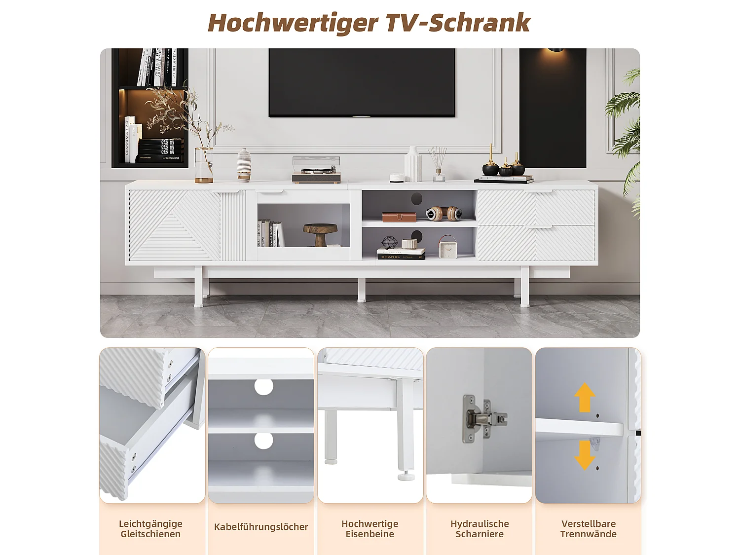 Meuble TV moderne - 200 x 40 x 50.5 cm - avec 2 portes + 2 tiroirs - pour TV 80 pouces - aggloméré - blanc