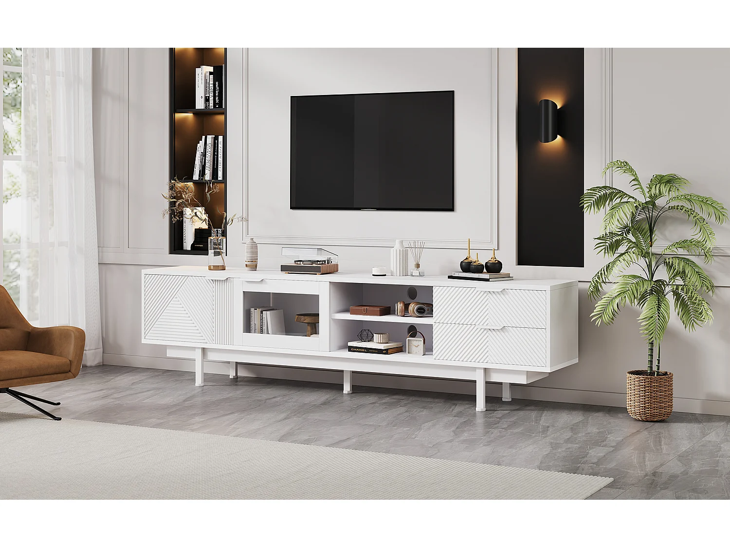 Meuble TV moderne - 200 x 40 x 50.5 cm - avec 2 portes + 2 tiroirs - pour TV 80 pouces - aggloméré - blanc