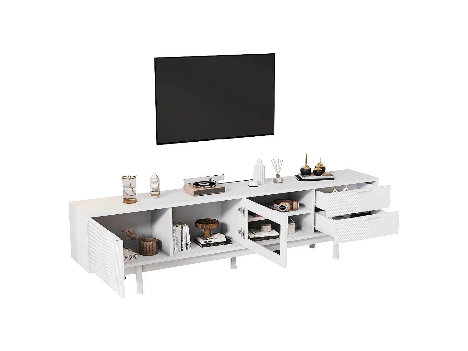 Meuble TV moderne - 200 x 40 x 50.5 cm - avec 2 portes + 2 tiroirs - pour TV 80 pouces - aggloméré - blanc