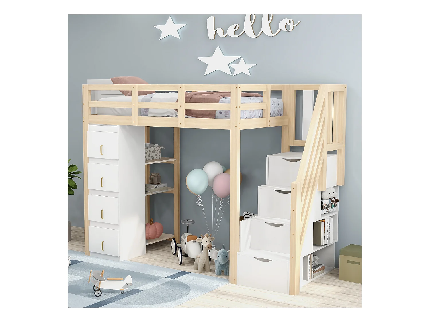 Lit mezzanine enfant - 90 x 200 cm - avec 4 tiroirs + escalier de rangement - bois - naturel