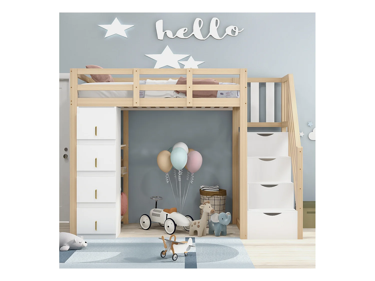 Lit mezzanine enfant - 90 x 200 cm - avec 4 tiroirs + escalier de rangement - bois - naturel