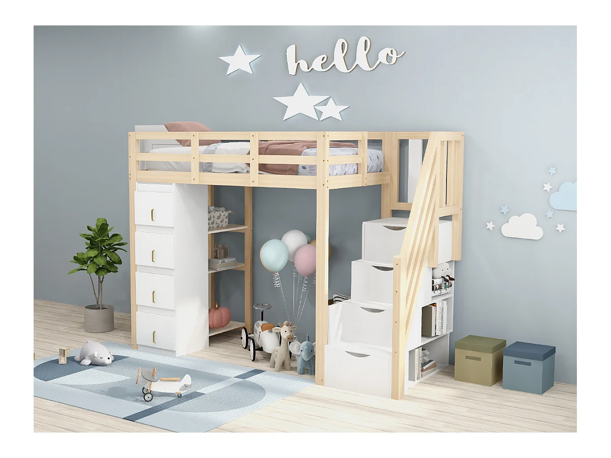 Lit mezzanine enfant - 90 x 200 cm - avec 4 tiroirs + escalier de rangement - bois - naturel