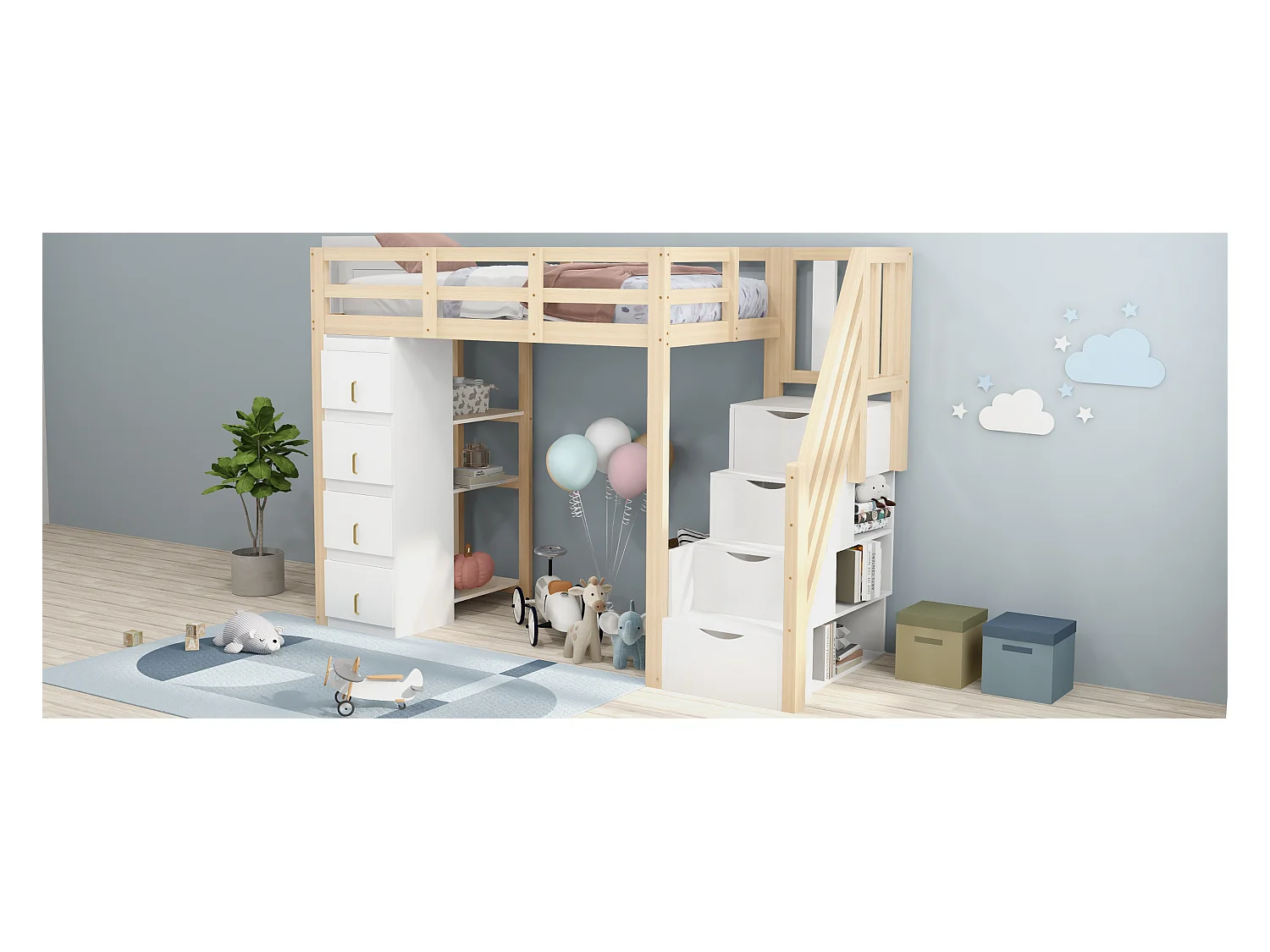 Lit mezzanine enfant - 90 x 200 cm - avec 4 tiroirs + escalier de rangement - bois - naturel