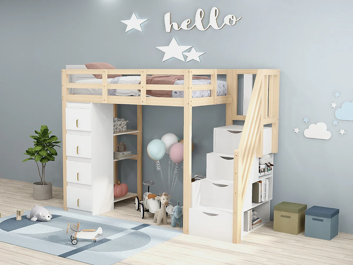 Lit mezzanine enfant - 90 x 200 cm - avec 4 tiroirs + escalier de rangement - bois - naturel
