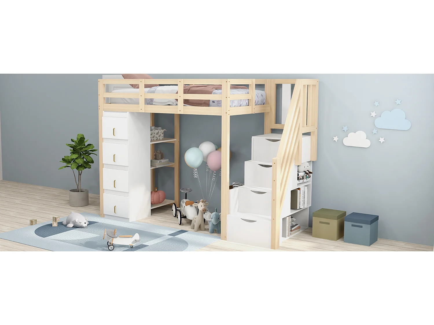 Lit mezzanine enfant - 90 x 200 cm - avec 4 tiroirs + escalier de rangement - bois - naturel