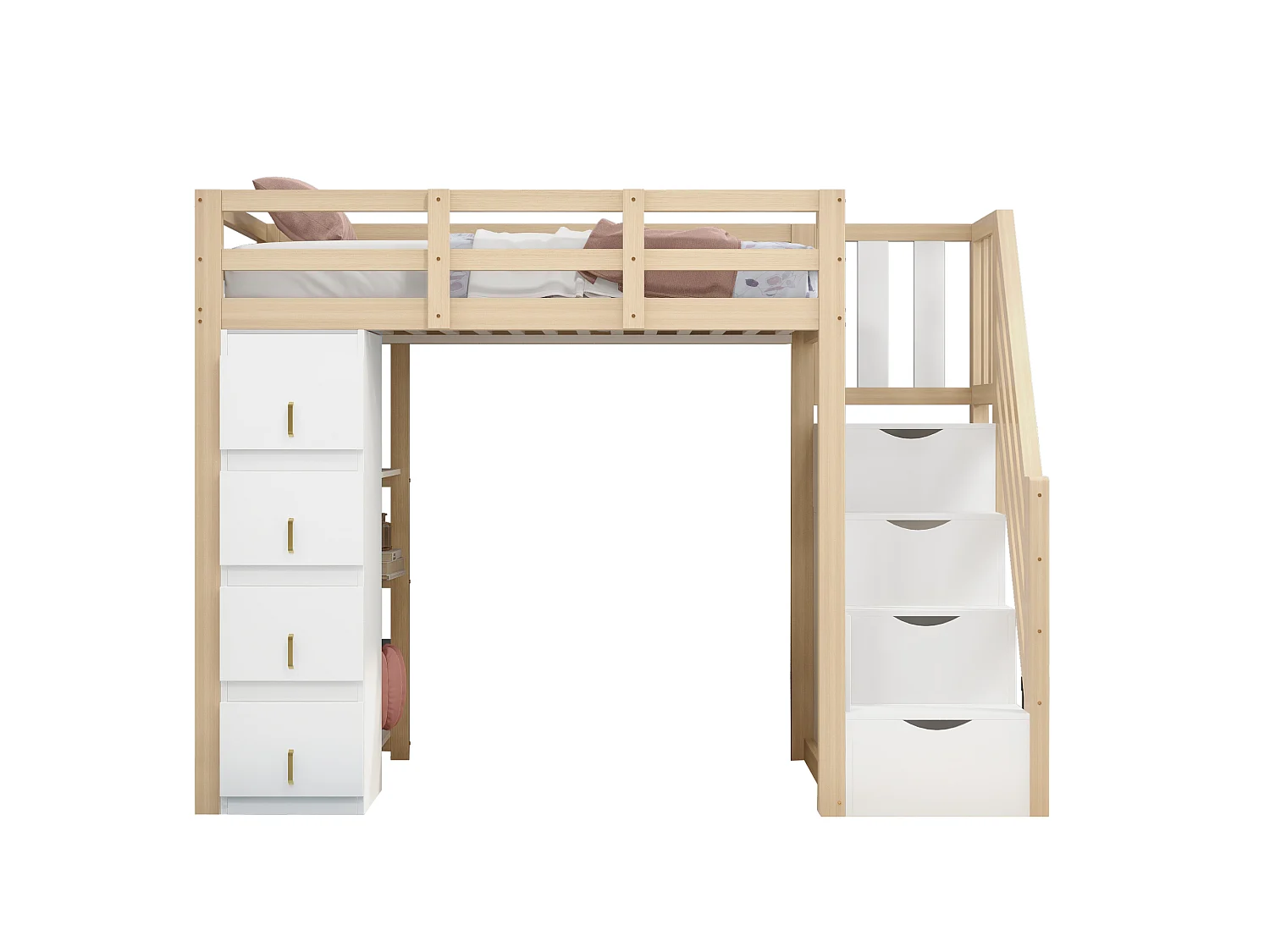 Lit mezzanine enfant - 90 x 200 cm - avec 4 tiroirs + escalier de rangement - bois - naturel
