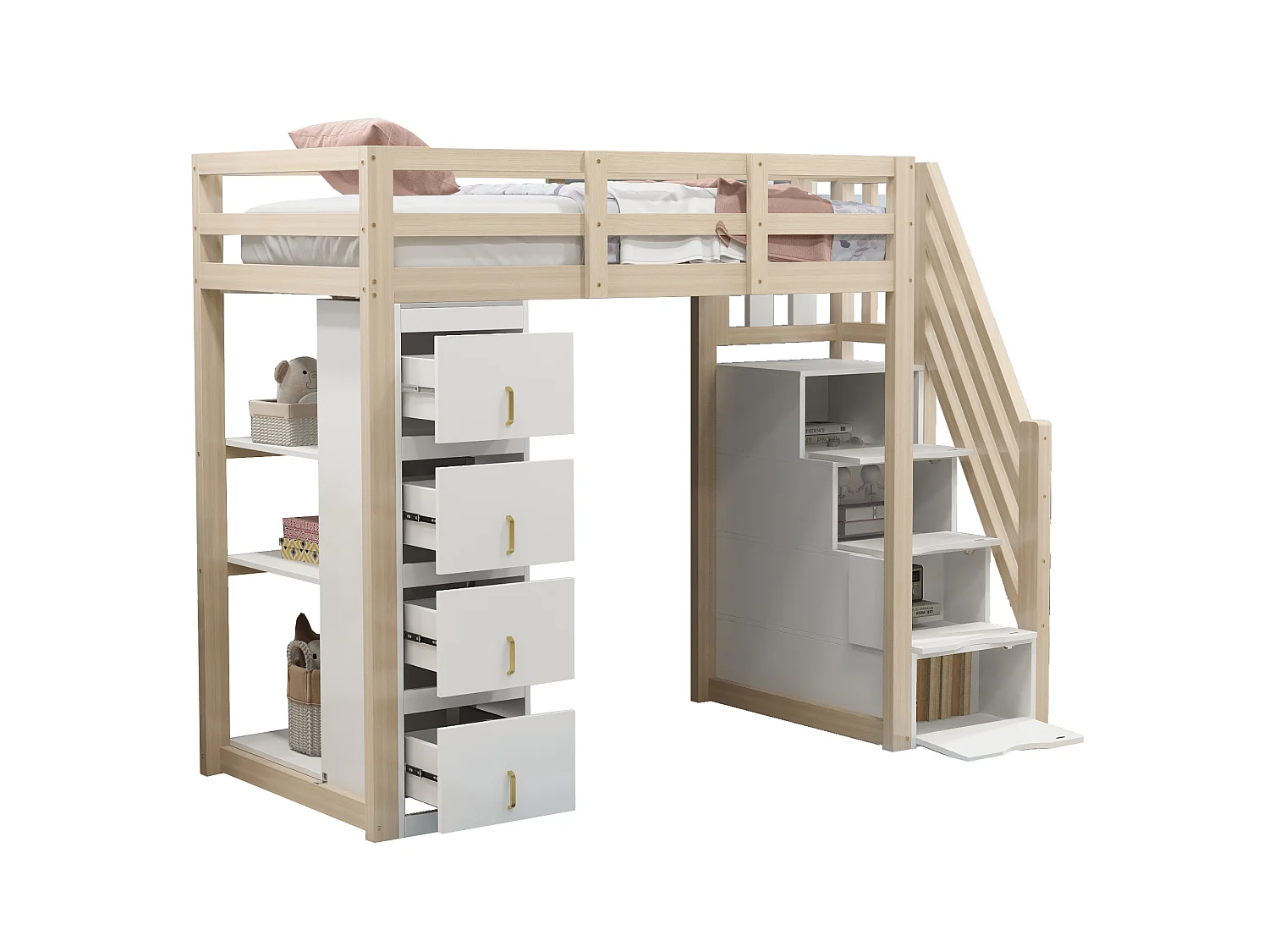 Lit mezzanine enfant - 90 x 200 cm - avec 4 tiroirs + escalier de rangement - bois - naturel