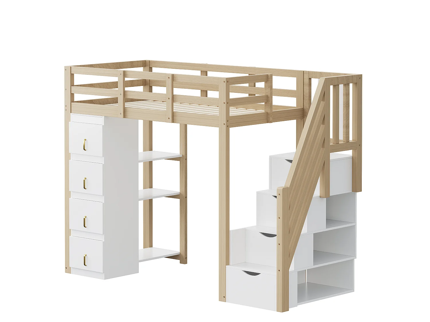 Lit mezzanine enfant - 90 x 200 cm - avec 4 tiroirs + escalier de rangement - bois - naturel
