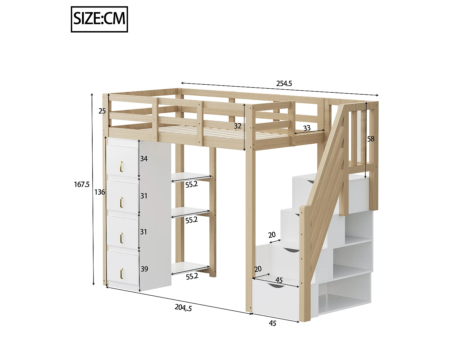 Lit mezzanine enfant - 90 x 200 cm - avec 4 tiroirs + escalier de rangement - bois - naturel