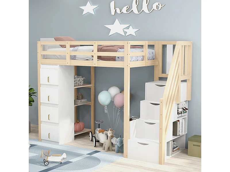 Lit mezzanine enfant - 90 x 200 cm - avec 4 tiroirs + escalier de rangement - bois - naturel