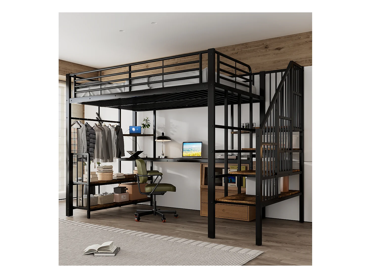 Lit mezzanine en fer enfant - 120 x 200 cm - avec cintre + étagère rangement - fer + MDF - noir