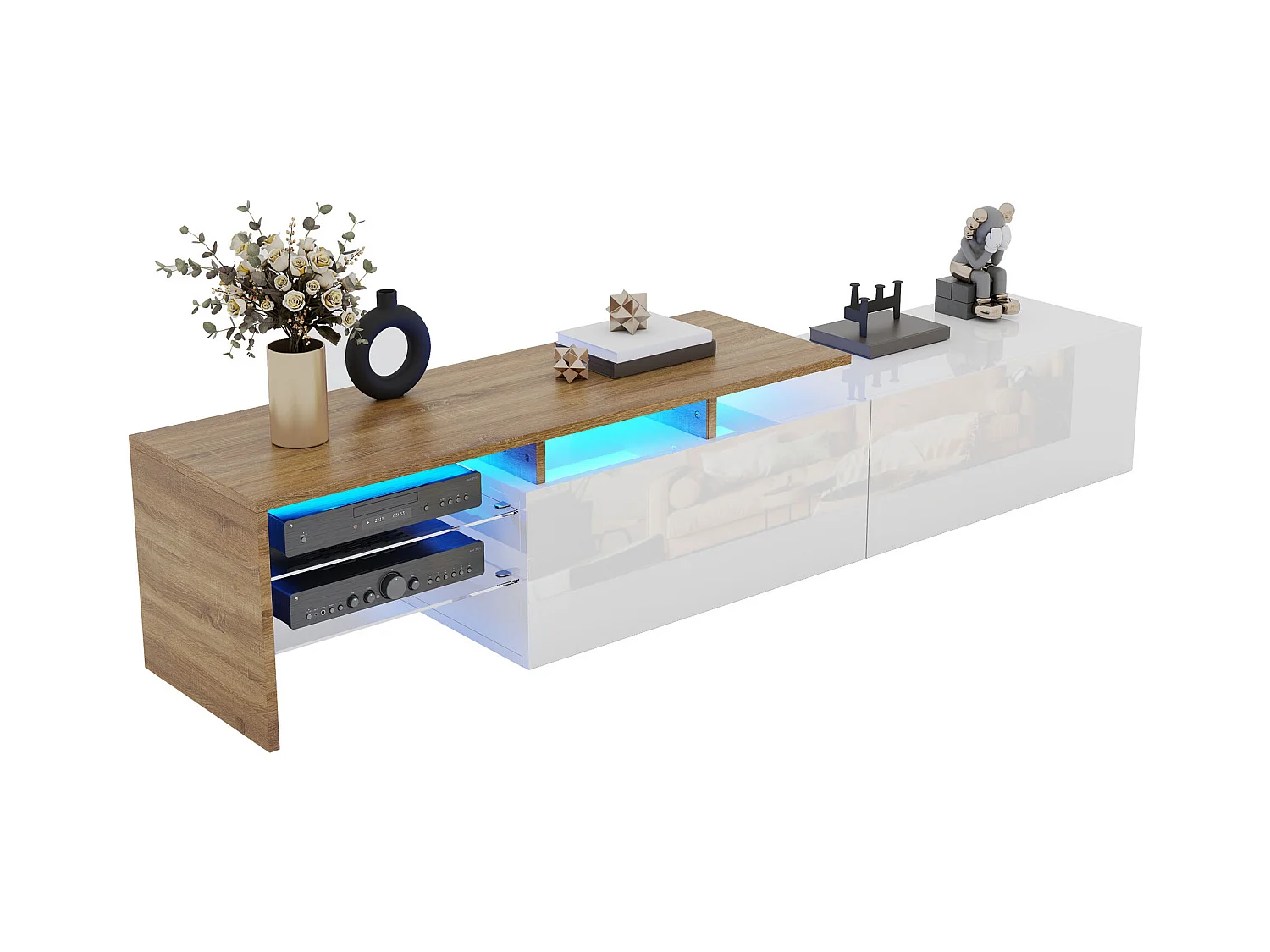 Meuble TV moderne - 170 x 33 x 33.5 cm - avec 2 tiroirs + étagères en verre + Leds - aggloméré - blanc