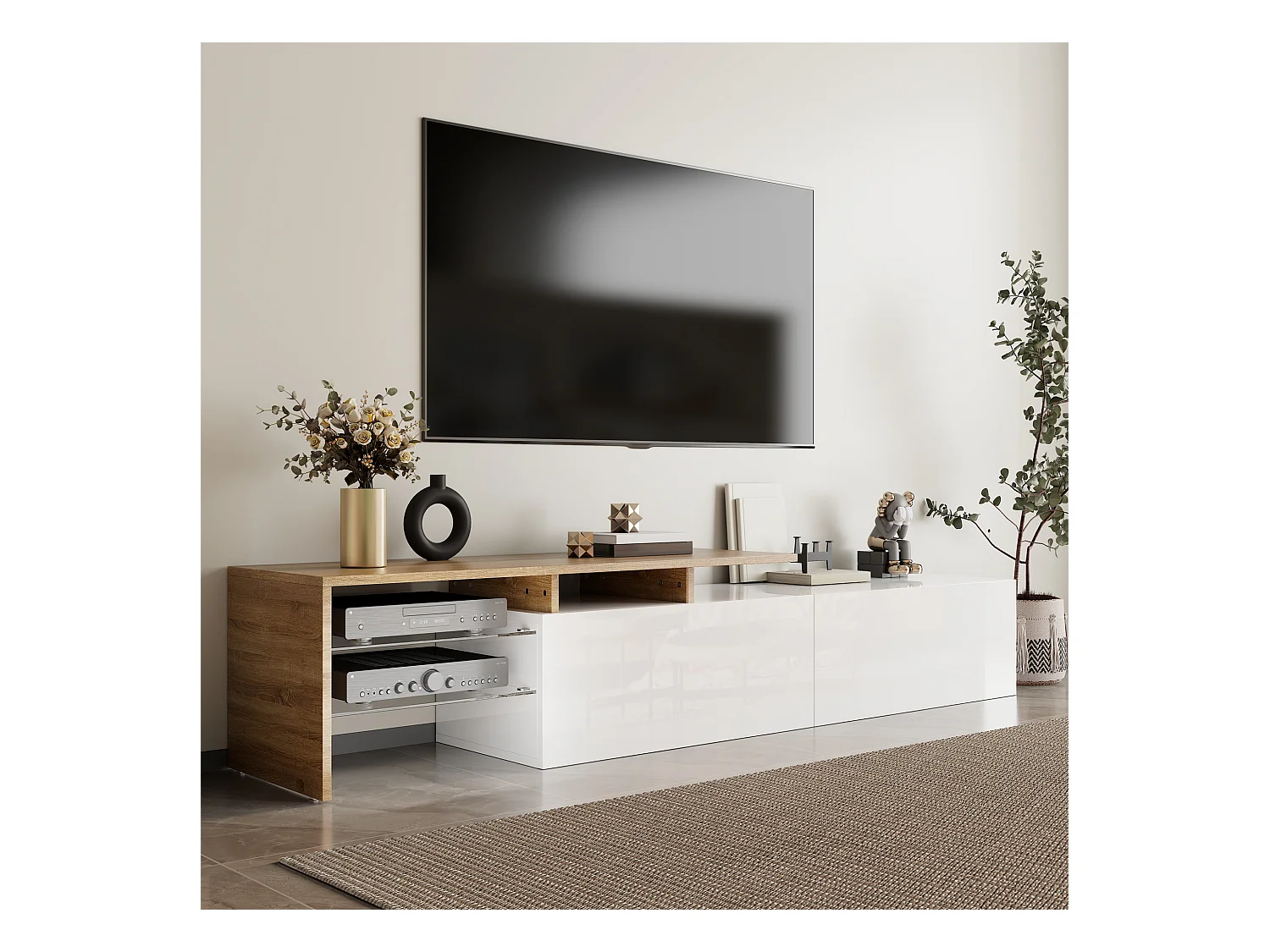 Meuble TV moderne - 170 x 33 x 33.5 cm - avec 2 tiroirs + étagères en verre + Leds - aggloméré - blanc