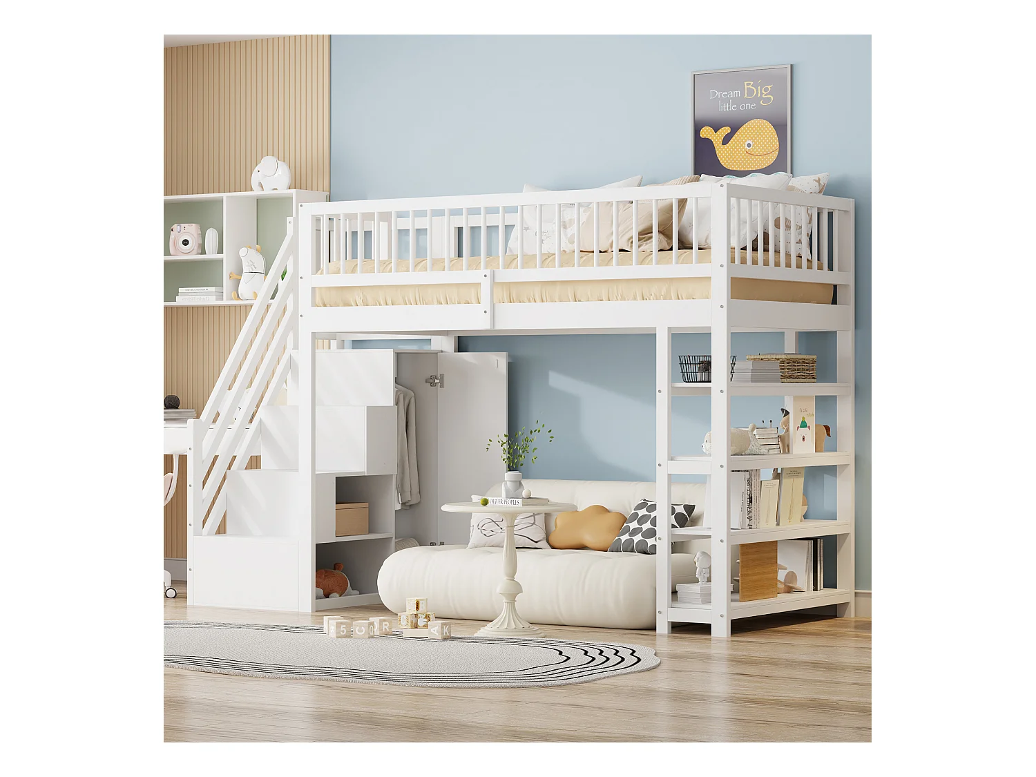 Lit mezzanine enfant - 90 x 200 - avec clôture + armoire + étagères de rangement - bois - blanc