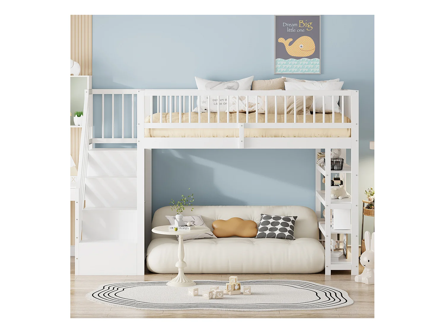 Lit mezzanine enfant - 90 x 200 - avec clôture + armoire + étagères de rangement - bois - blanc