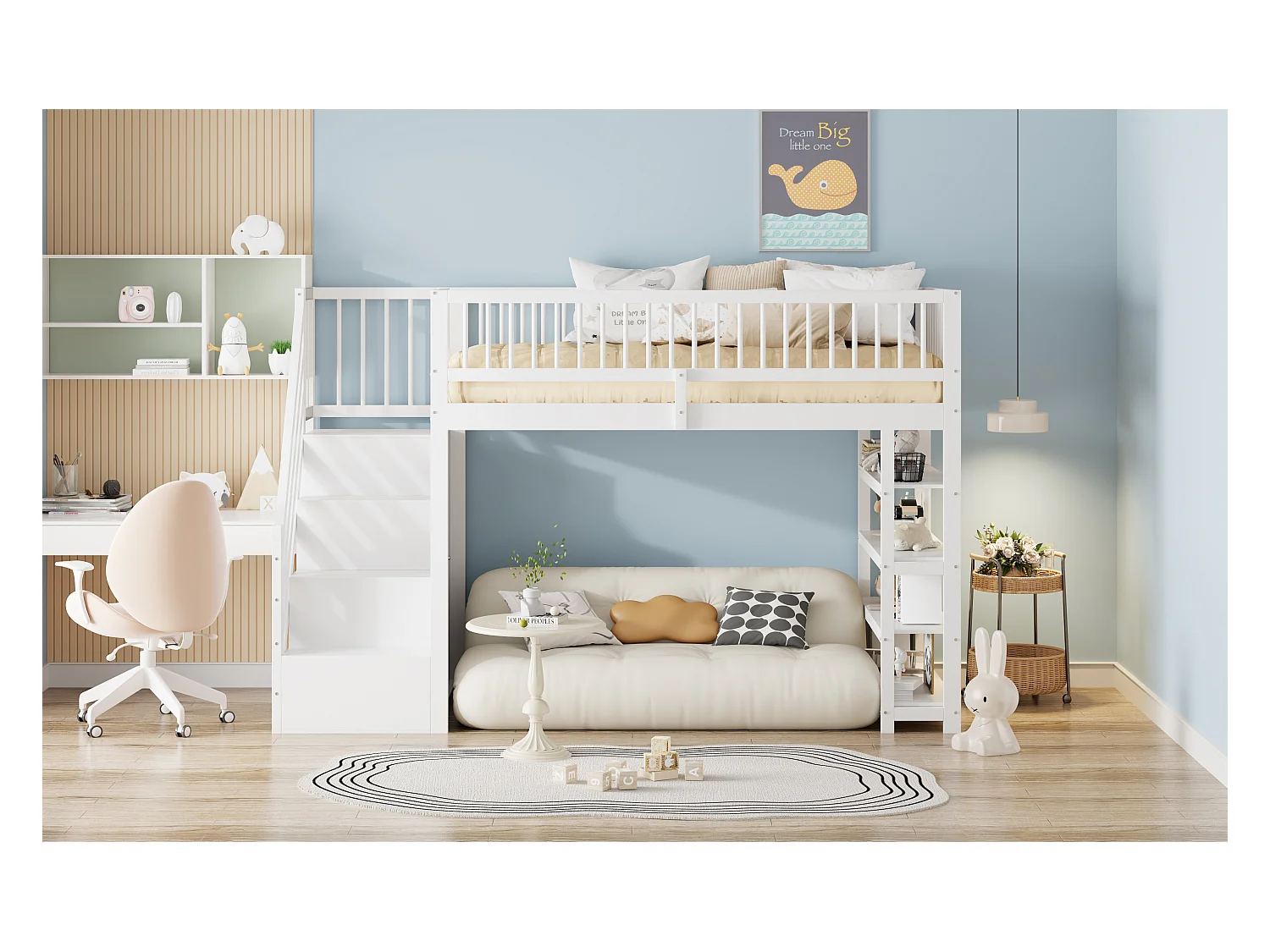 Lit mezzanine enfant - 90 x 200 - avec clôture + armoire + étagères de rangement - bois - blanc