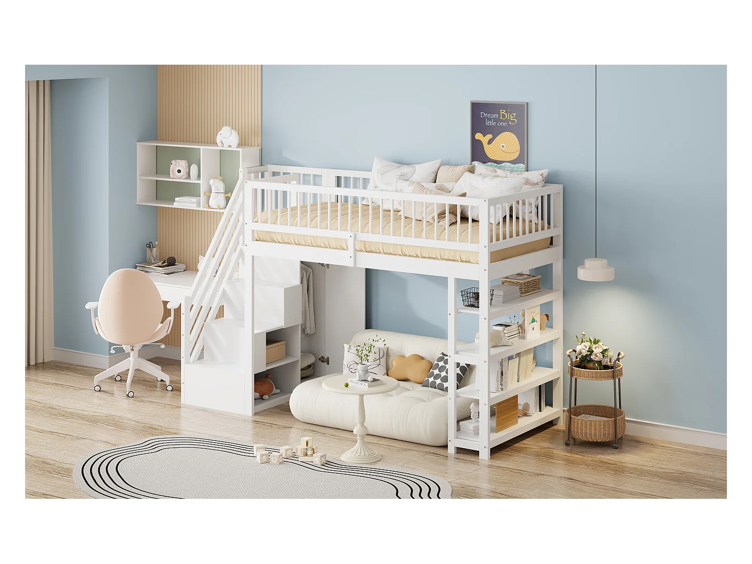 Lit mezzanine enfant - 90 x 200 - avec clôture + armoire + étagères de rangement - bois - blanc