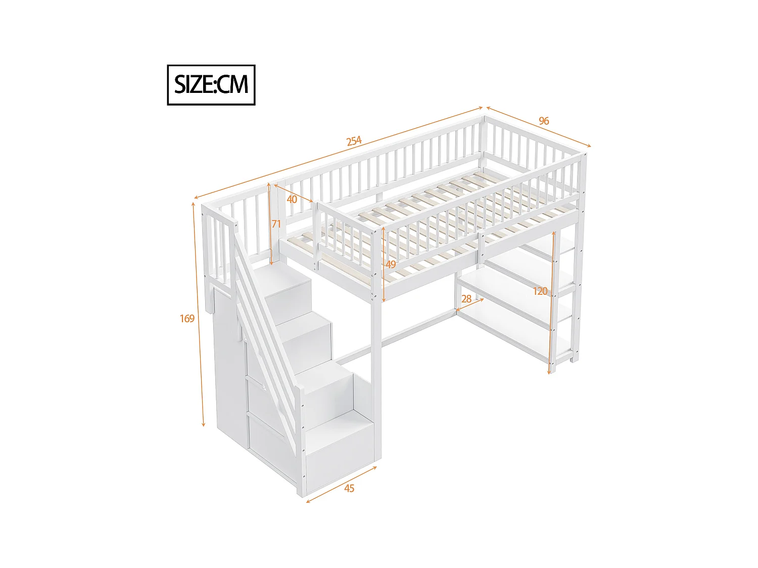 Lit mezzanine enfant - 90 x 200 - avec clôture + armoire + étagères de rangement - bois - blanc