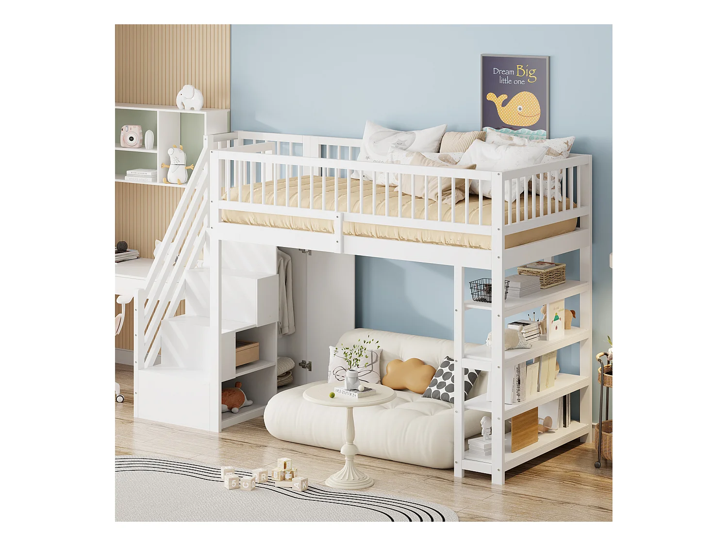 Lit mezzanine enfant - 90 x 200 - avec clôture + armoire + étagères de rangement - bois - blanc