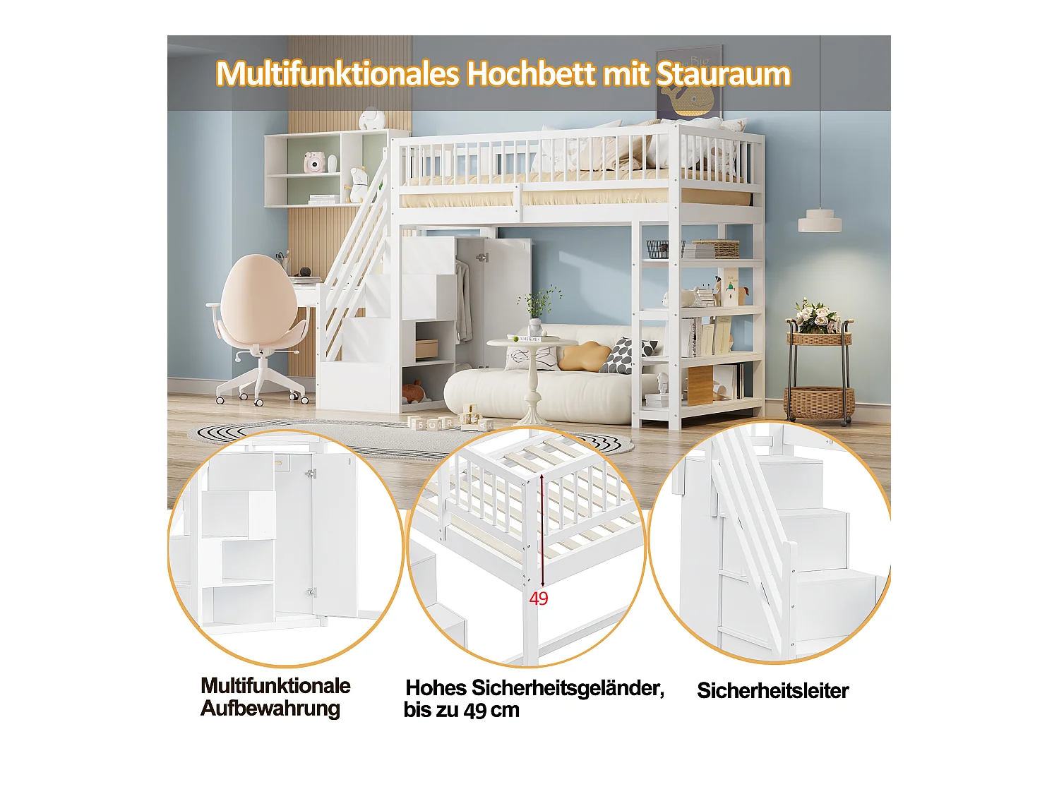 Lit mezzanine enfant - 90 x 200 - avec clôture + armoire + étagères de rangement - bois - blanc