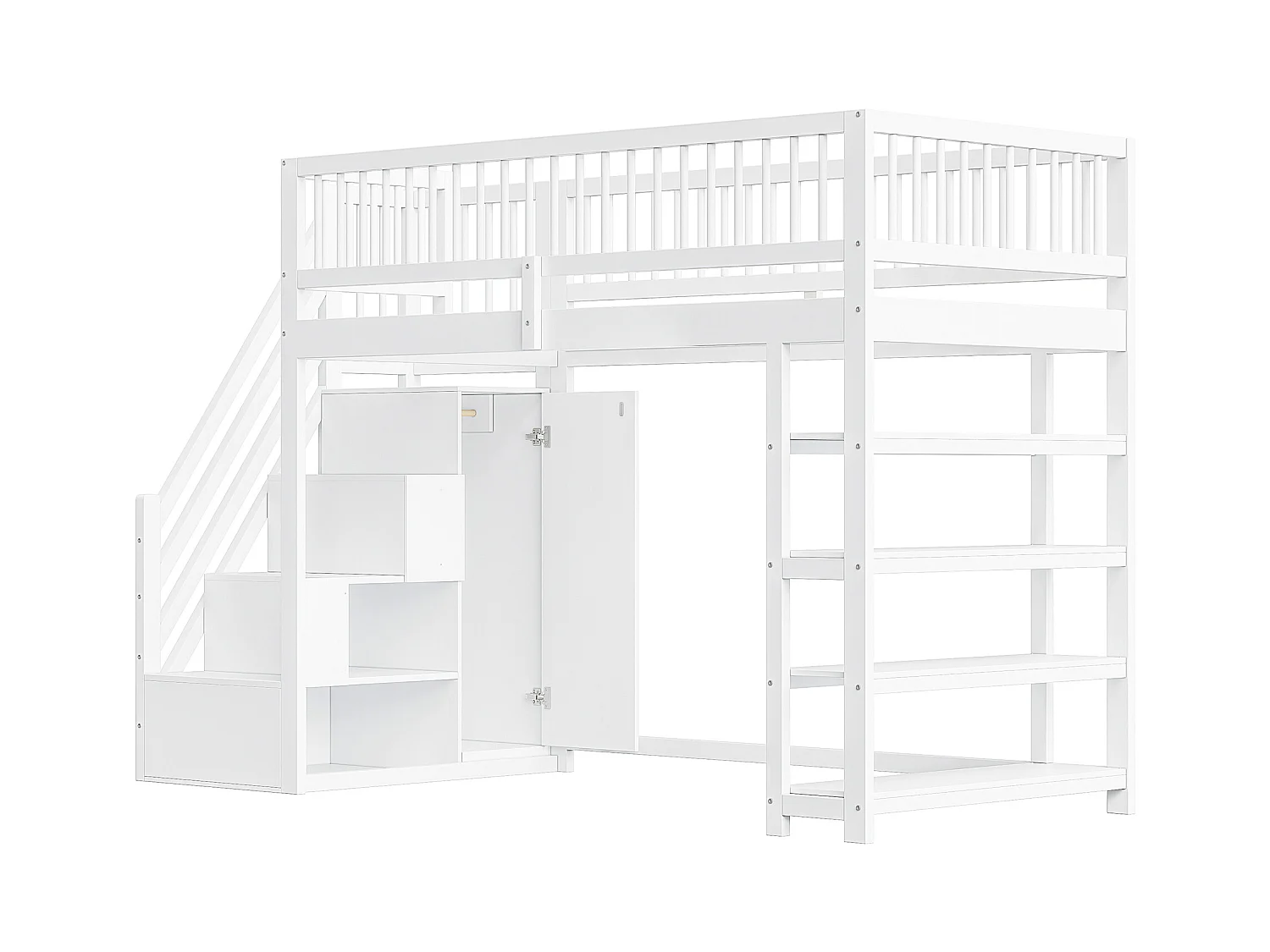 Lit mezzanine enfant - 90 x 200 - avec clôture + armoire + étagères de rangement - bois - blanc