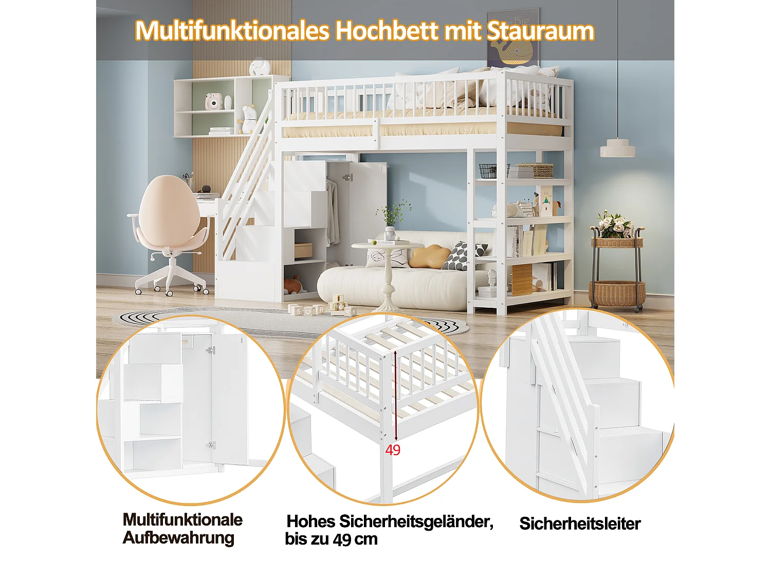 Lit mezzanine enfant - 90 x 200 - avec clôture + armoire + étagères de rangement - bois - blanc