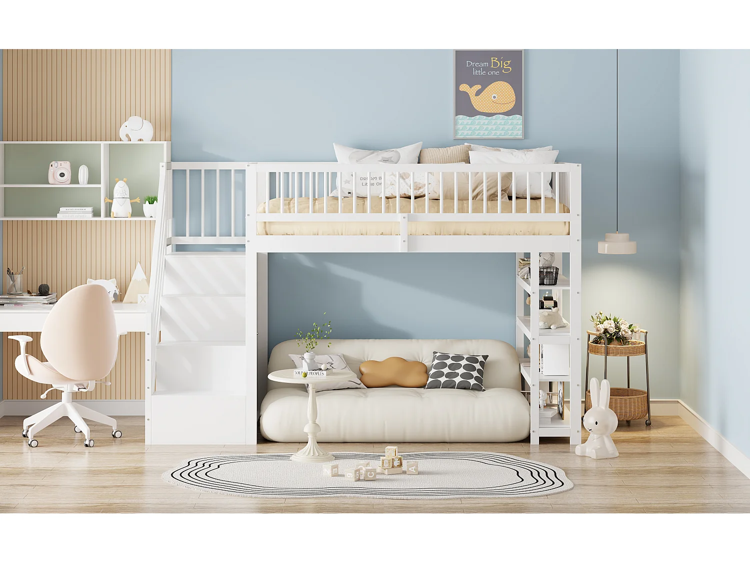 Lit mezzanine enfant - 90 x 200 - avec clôture + armoire + étagères de rangement - bois - blanc