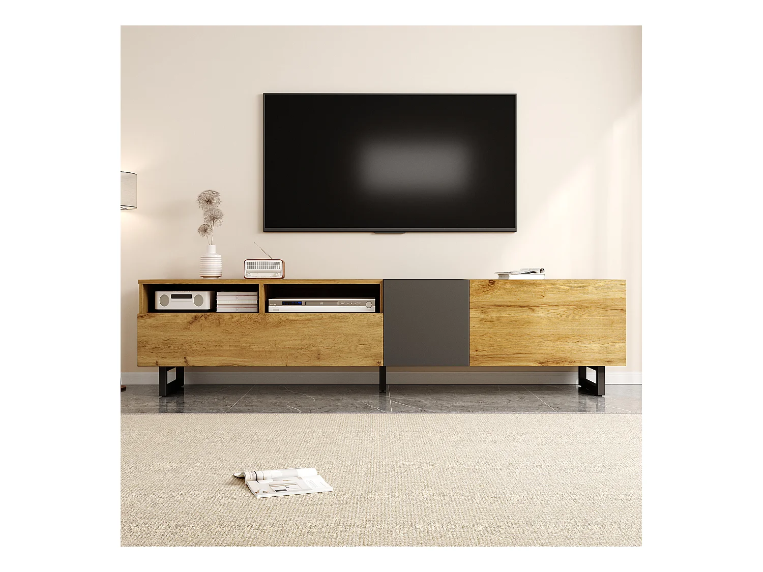 Meuble TV colorblock - 170 x 36.5 x 42 cm - avec 3 portes + 2 étagère - aggloméré - naturel