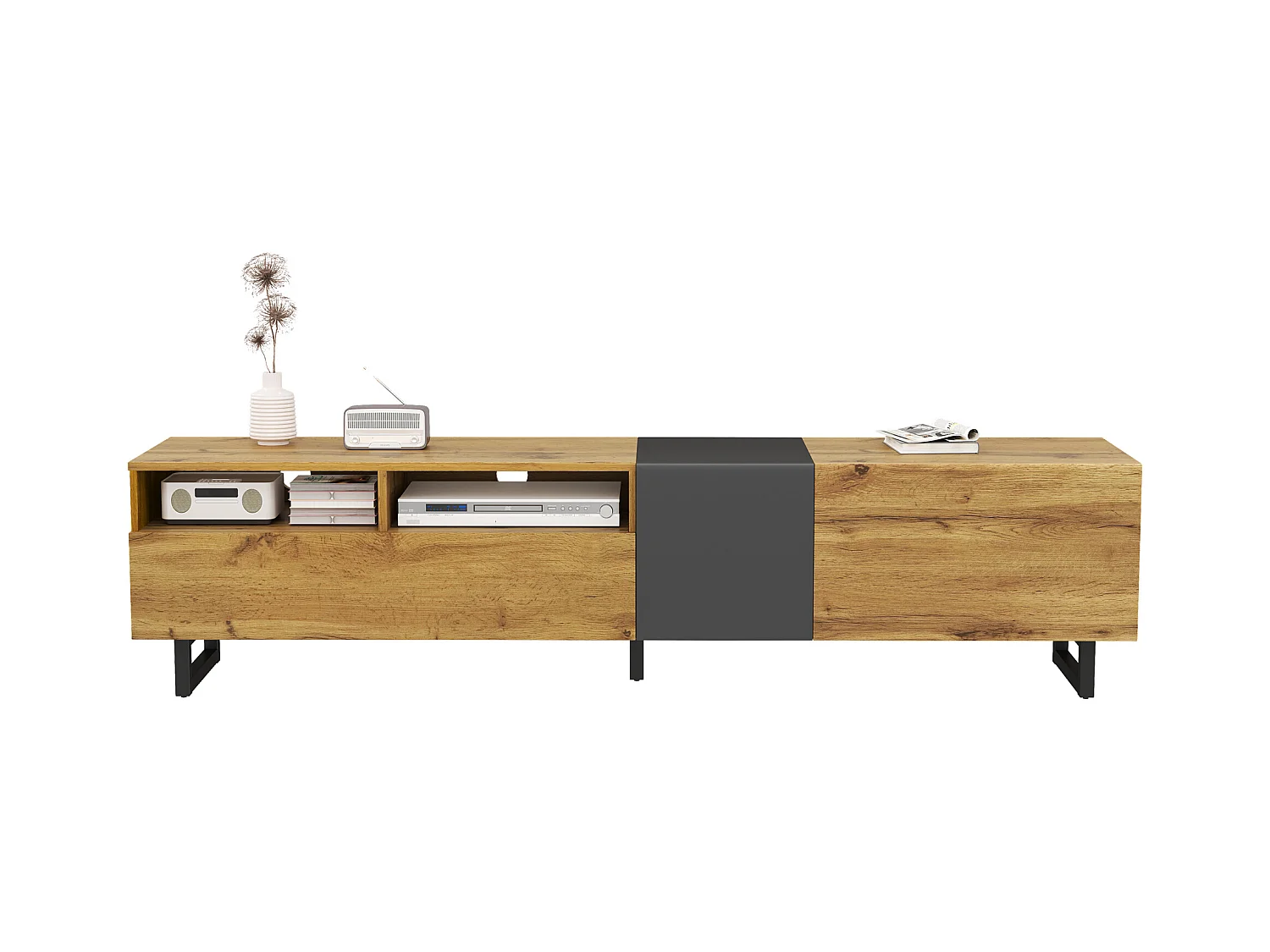 Colorblock TV-Schrank – 170 x 36,5 x 42 cm – mit 3 Türen + 2 Einlegeböden – Spanplatte – Natur