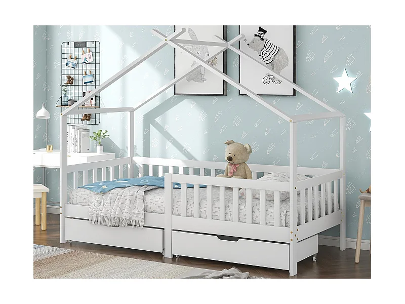 Lit cabane lit enfant 90x200cm en bois massif + MDF - avec 2 tiroirs - avec protection antichute et sommier à lattes - Blanc
