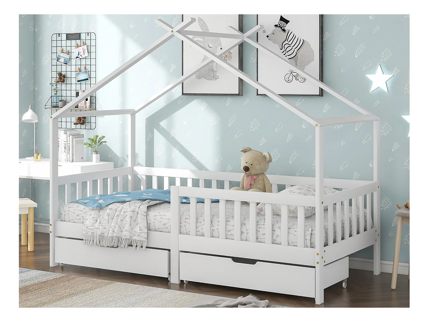 Lit cabane lit enfant 90x200cm en bois massif + MDF - avec 2 tiroirs - avec protection antichute et sommier à lattes - Blanc