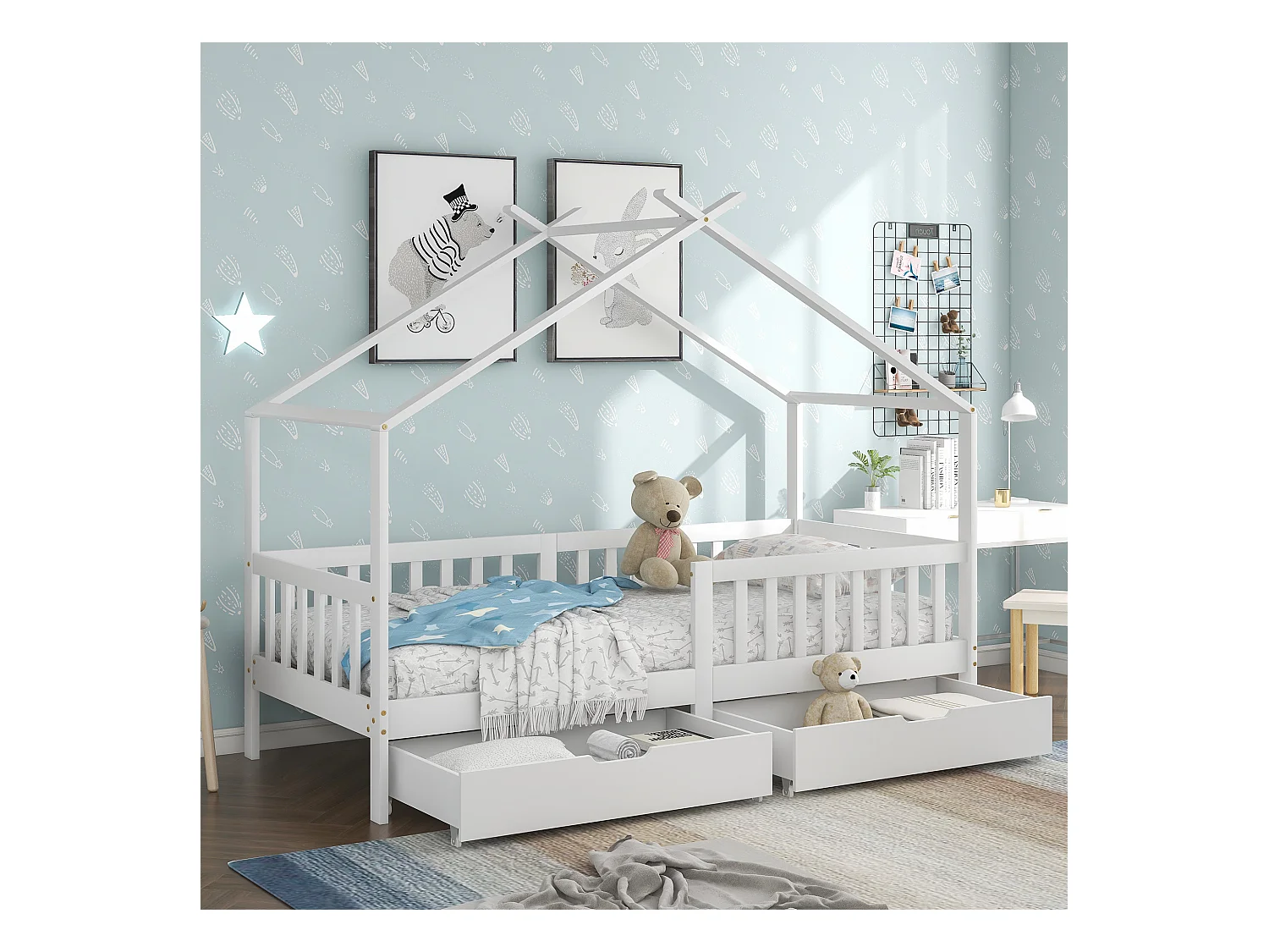 Lit cabane lit enfant 90x200cm en bois massif + MDF - avec 2 tiroirs - avec protection antichute et sommier à lattes - Blanc