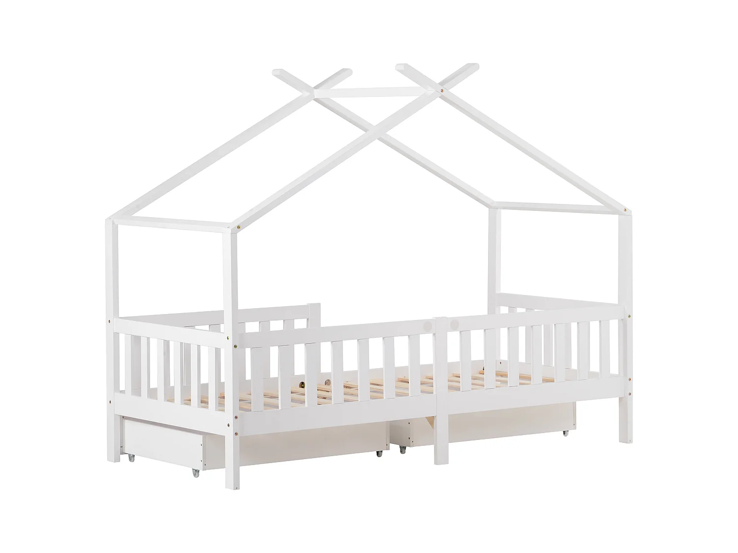 Lit cabane lit enfant 90x200cm en bois massif + MDF - avec 2 tiroirs - avec protection antichute et sommier à lattes - Blanc