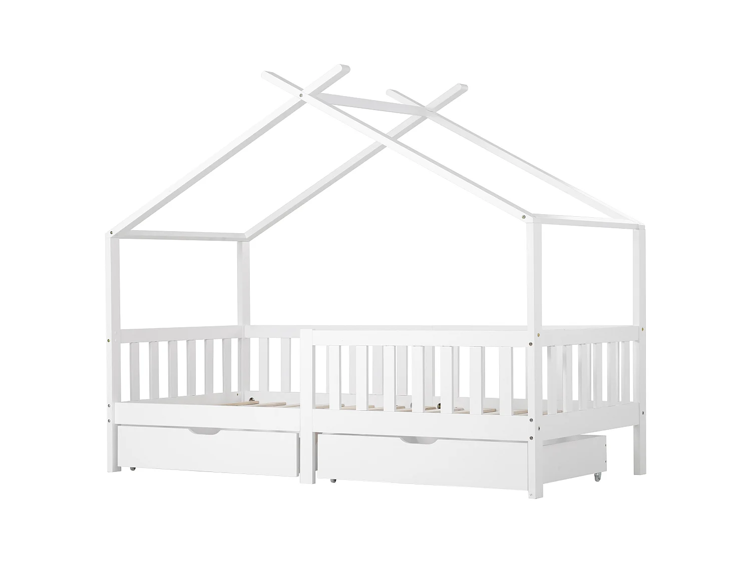 Lit cabane lit enfant 90x200cm en bois massif + MDF - avec 2 tiroirs - avec protection antichute et sommier à lattes - Blanc