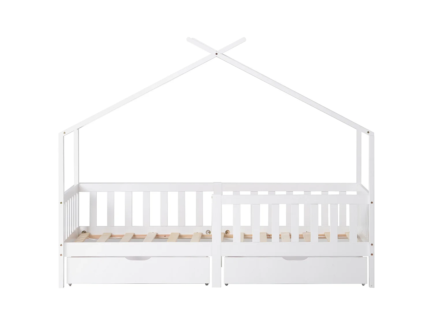 Lit cabane lit enfant 90x200cm en bois massif + MDF - avec 2 tiroirs - avec protection antichute et sommier à lattes - Blanc