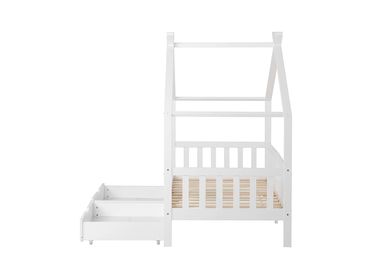 Lit cabane lit enfant 90x200cm en bois massif + MDF - avec 2 tiroirs - avec protection antichute et sommier à lattes - Blanc