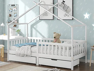 Lit cabane lit enfant 90x200cm en bois massif + MDF - avec 2 tiroirs - avec protection antichute et sommier à lattes - Blanc