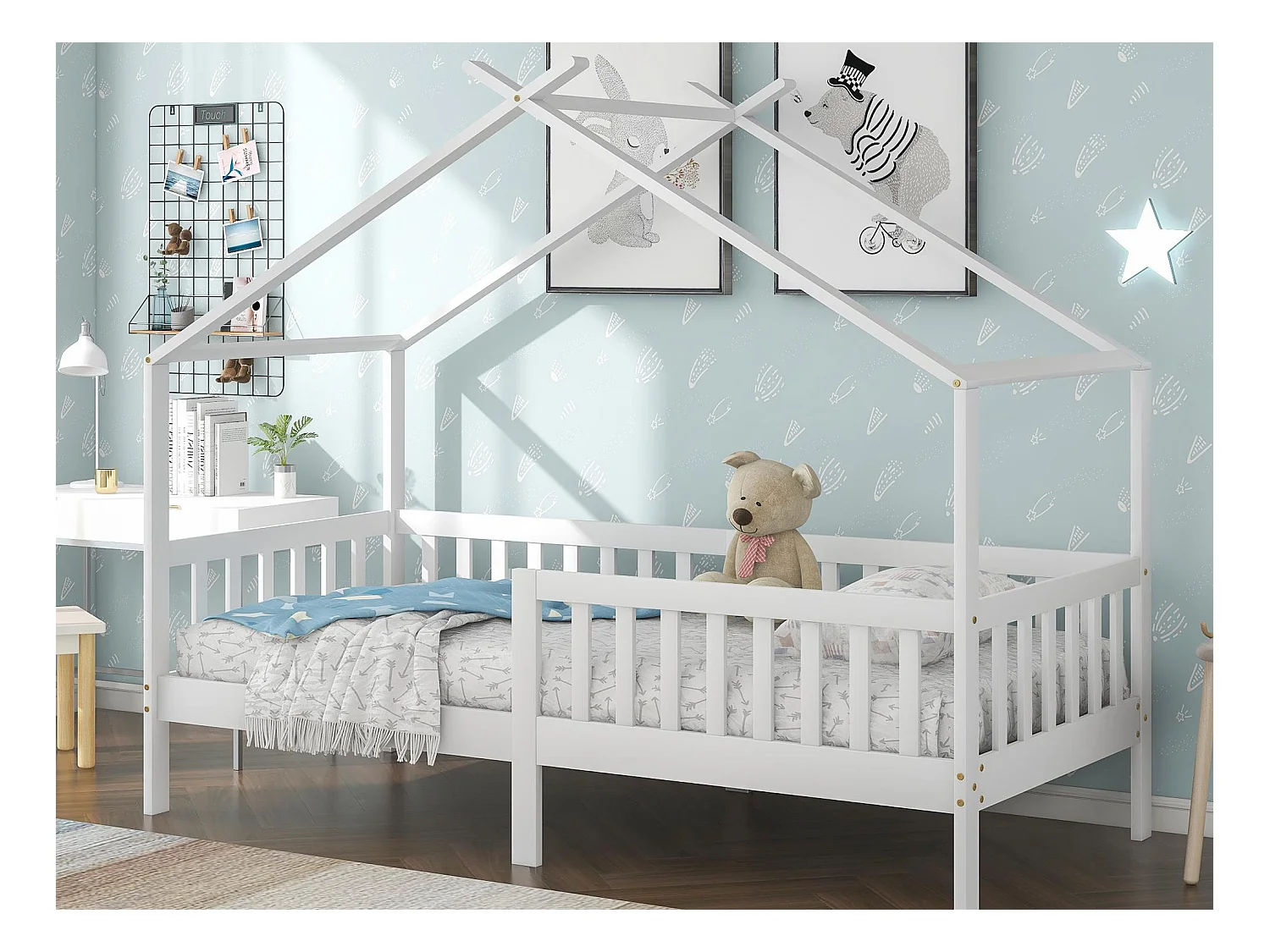 Lit cabane lit enfant 90x200cm en bois massif + MDF - avec protection antichute et sommier à lattes - Blanc