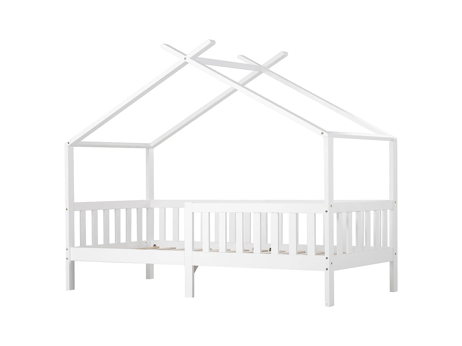 Lit cabane lit enfant 90x200cm en bois massif + MDF - avec protection antichute et sommier à lattes - Blanc