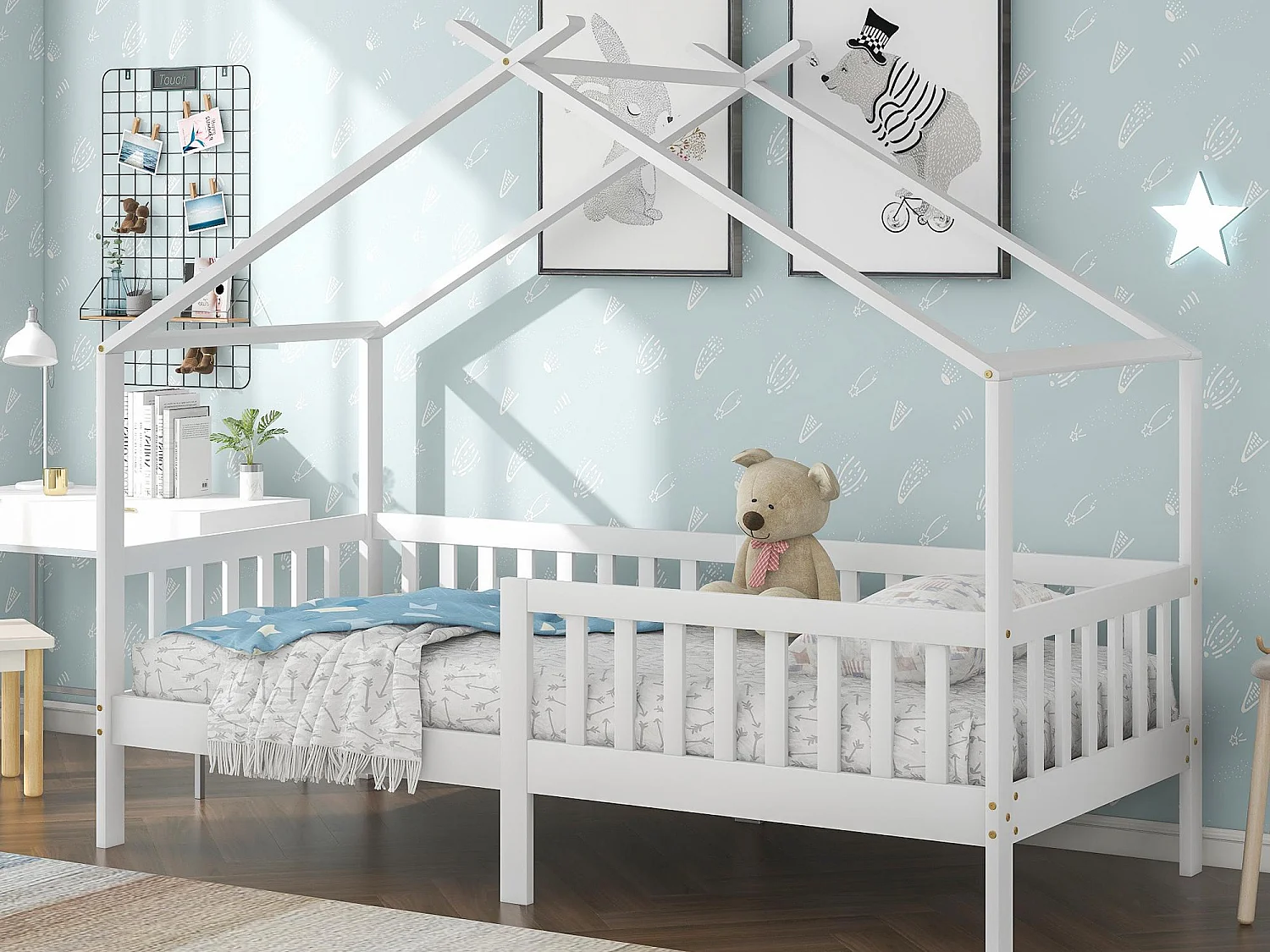 Lit cabane lit enfant 90x200cm en bois massif + MDF - avec protection antichute et sommier à lattes - Blanc