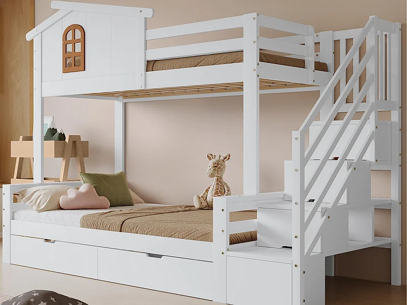 Stapelbed 90×200 cm - met 2 laden - met ramen - trap met opbergruimte - Massief hout + MDF - wit (zonder matras)